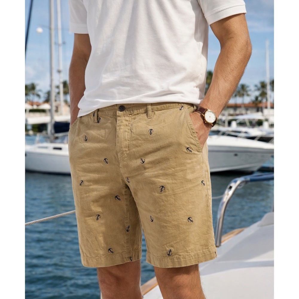 Dockers Nautical Chino Shorts Mens 38 Cotton 10" Anchor Sail Beach‎ Resort Tan